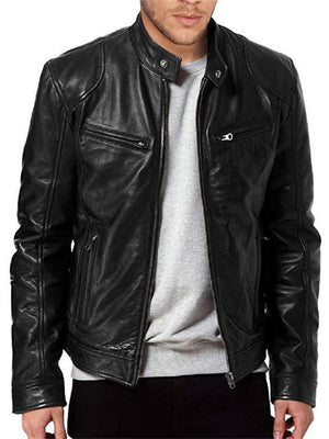 Business Gentleman Warm Zipper Pocket Stand Collar Leather Jacket