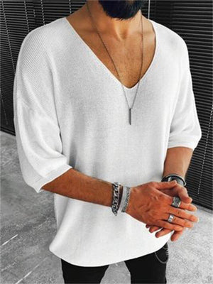 Pullover Style Solid Color V-Neck Short-Sleeved Men's Knitted Sweater