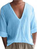 Summer Cotton Blend V Neck Pullover Casual Shirts for Men