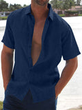 Men's Fashion Lapel Solid Color Short Sleeve Linen Shirts