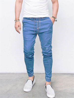 Mens Elastic Waist Drawstring Denim Ankle Pants