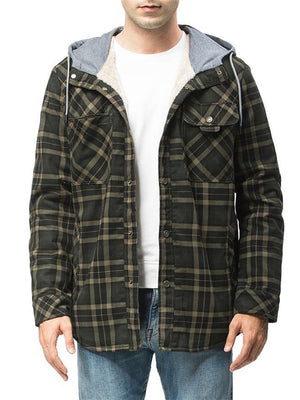 Men's Classic Plaid Fleece Lining Chest Pocket Thick Hooded Cotton Jacket