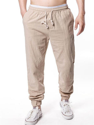 Mens Casual Cotton Linen Elastic Waist Ankle Pants