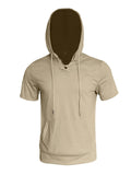 Men's Loose V-neck Short Sleeve Fitness Drawstring Hooded Tops