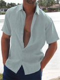 Men's Fashion Lapel Solid Color Short Sleeve Linen Shirts