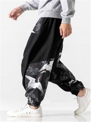 Mens Comfy Loose Casual Patchwork Crane Print Pants