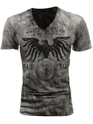 Casual Retro-Look Eagle Print V Neck Slim Fit Short Sleeve T-Shirt