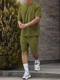 Sporty Short Sleeve Solid Color T-Shirts+Shorts Outfits