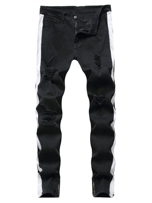 Trendy Tapered Fit Contrasting Ripped Front Zip Metal Button Jeans