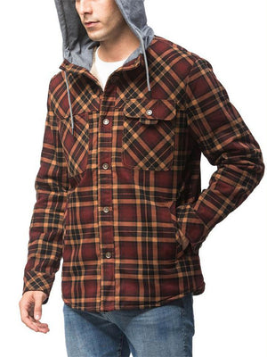 Men's Classic Plaid Fleece Lining Chest Pocket Thick Hooded Cotton Jacket