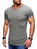 Summer Sports Knitted V Neck Short Sleeve Slim Tops for Men