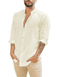 Casual Stand-Up Collar Linen Solid Color Long-Sleeved Shirt