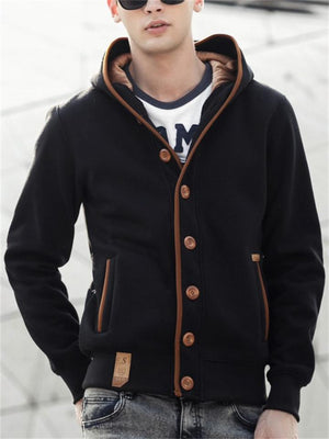 Men's Stylish Slim Hooded Sweater Casual Solid Color Button Comfy Coat