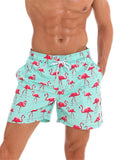 Mens Loose Straight Flamingo Print Beach Shorts