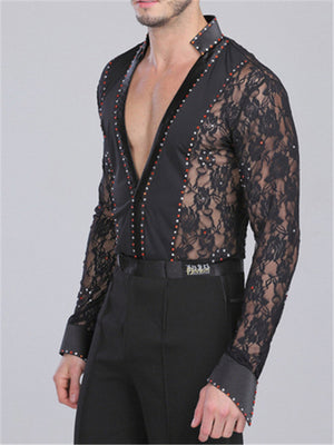 Deep-V Neck Sexy Mens Lace Shirt