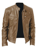 Stand Collar Chest Pockets Zip Leather Biker Jacket