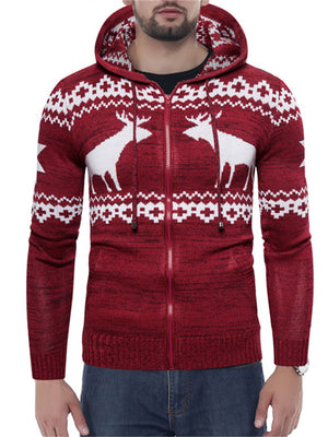 Men's Casual Trendy Elk Printed Hooded Zipper Christmas Sweater Coat