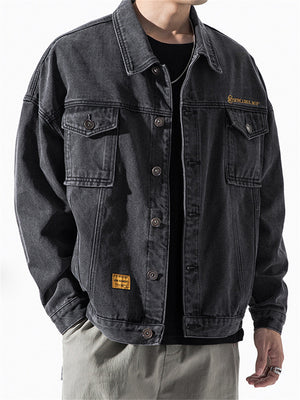 Classic Washed-Effect Lapel Loose Button Denim Jacket