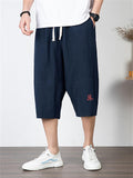 Men's Simple Style Casual Loose Large Size Retro Embroidered Cropped Pants