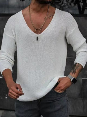 Men's Simple Pure Colour V Neck Long Sleeve Thin Knitted Tops