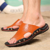 Men Casual Comfy Genuine Leather Peep-Toe Beach Slippers