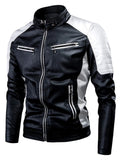 Fashion Retro Contrast Color Style Stand Collar Leather Jacket