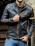 Men's Stand Collar Leather Motorcycle Biker Jacket