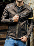 Men's Stand Collar Leather Motorcycle Biker Jacket