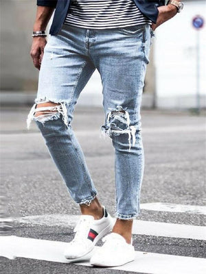 Classic Slim-Fit Washed-Effect Ripped Frayed Denim Trousers