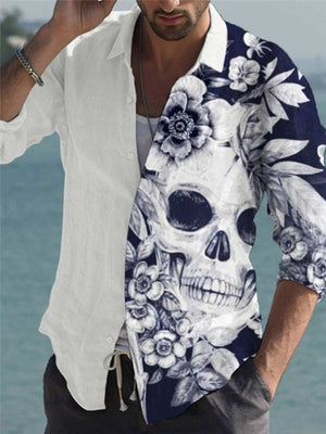 Casual Relaxed Shape Pointed Collar Long Sleeve Button Fastening Skull Print Shirt