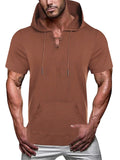 Men's Loose V-neck Short Sleeve Fitness Drawstring Hooded Tops