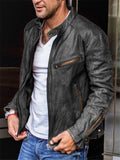 Men's Stand Collar Motorcycle Biker Leather Jacket