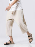 Loose-Fit Elastic Waist Drawstring Linen Cropped Harem Trousers With Pockets