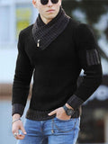 Men’s Slim Fit Stretchy Scarf Collar Ribbed Striped Pullover Warm Sweater