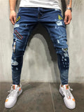 Mens Hip-Hop Ripped Badge Skinny Denim Pants