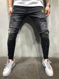 Mens Hip-Hop Ripped Badge Skinny Denim Pants