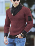 Men’s Slim Fit Stretchy Scarf Collar Ribbed Striped Pullover Warm Sweater