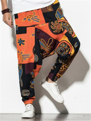 Mens Retro Colorful Loose Print Harem Pants