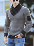 Men’s Slim Fit Stretchy Scarf Collar Ribbed Striped Pullover Warm Sweater