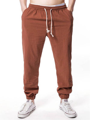 Mens Casual Cotton Linen Elastic Waist Ankle Pants