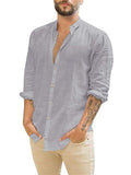 Casual Stand-Up Collar Linen Solid Color Long-Sleeved Shirt