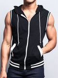 Sporty Loose Zip Up Sleeveless Training Muscle Hooded Vest for Men