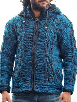 Hooded Autumn Winter Zipper Cardigan Sweater Men's Blue T-shirts