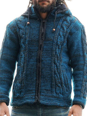 Hooded Autumn Winter Zipper Cardigan Sweater Men's Blue T-shirts