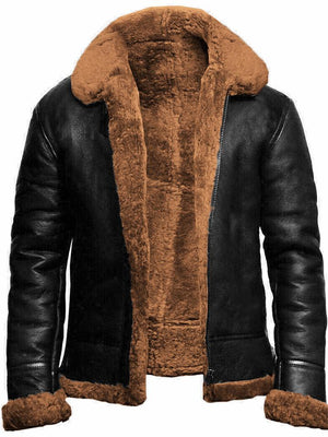 Mens Fashion Fleece Motorcycle Leather Jacket  Shearling Coats