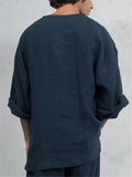 Loose Fit Notched Neckline Soft Linen Long Sleeve Solid Color Pullover Shirt