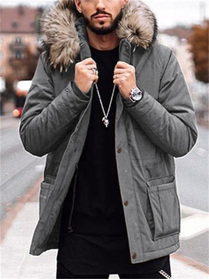 Mens Comfy Parka Padded-Cotton Coat With Fur Hood