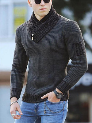 Men’s Slim Fit Stretchy Scarf Collar Ribbed Striped Pullover Warm Sweater