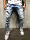 Mens Hip-Hop Ripped Badge Skinny Denim Pants