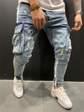 Mens Stylish Elastane Knee Holes Denim Ankle Pants